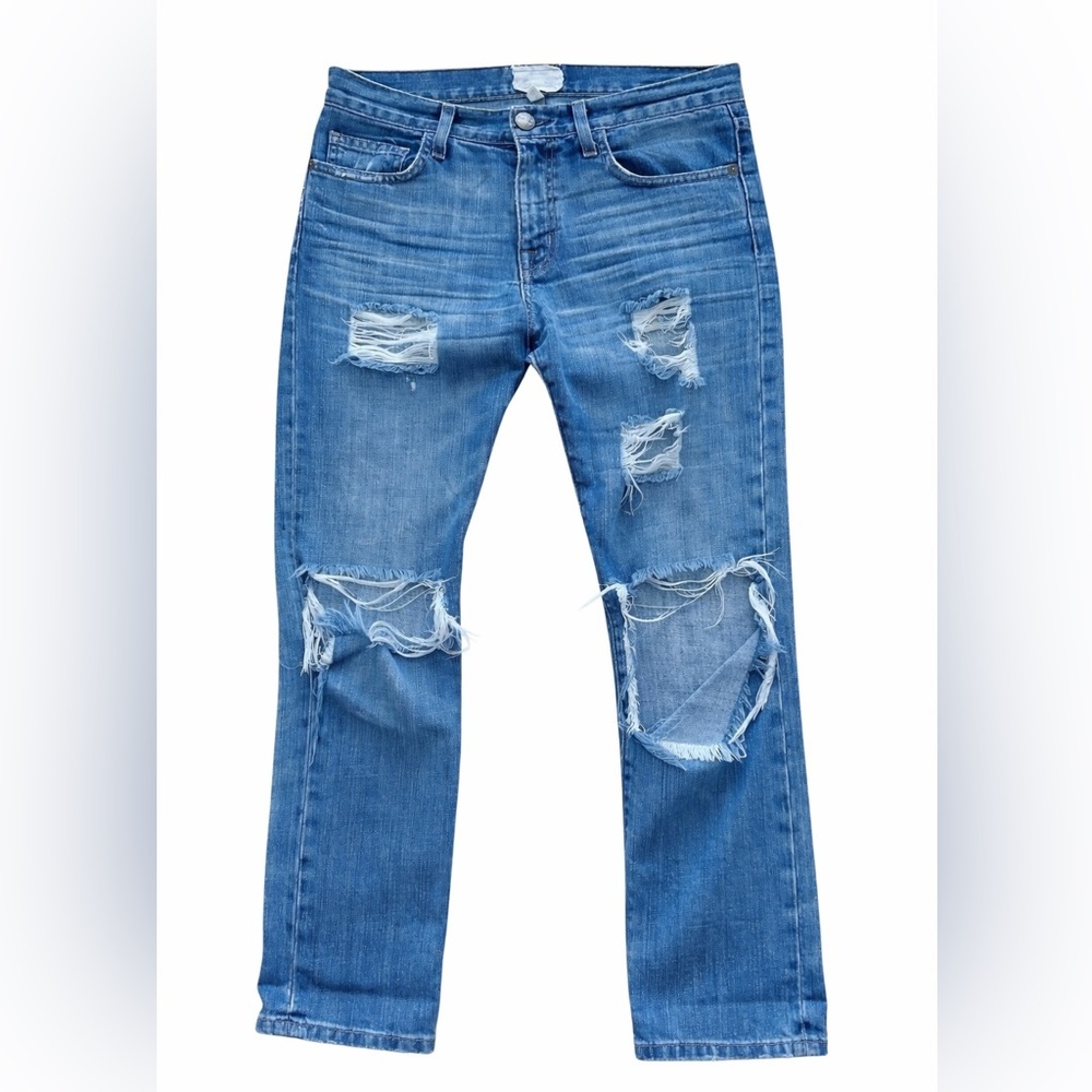 Current/Elliott Boyfriend Crop Jeans Size 24 Heavy Distress Destroyed Denim